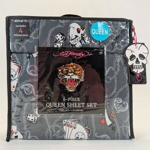 Ed Hardy Gray Cards Dice Skull Queen Sheet Set 6-Piece w/ 4 Pillowcases Sheets